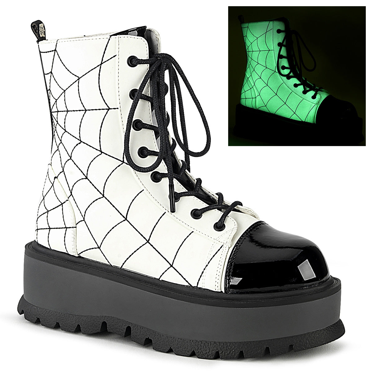 DEMONIA Slacker 88 Boots White Glow Vegan Leather Black Patent Demonia Cult