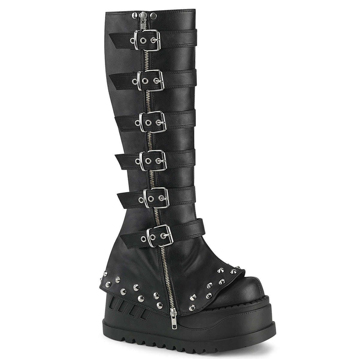 DEMONIA "Stomp-223" Knee-high Boots - Black Vegan Leather