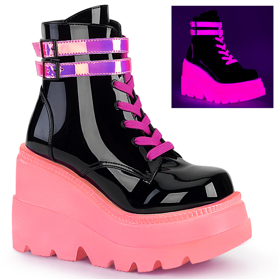 DEMONIA Shaker 52 Boots Black Patent UV Neon Pink Demonia Cult