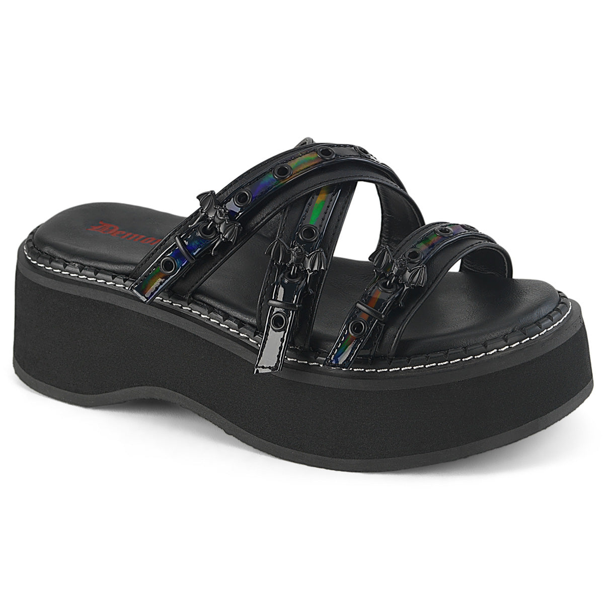 DEMONIA "Emily-07" Sandals - Black Vegan Leather-Holo Patent