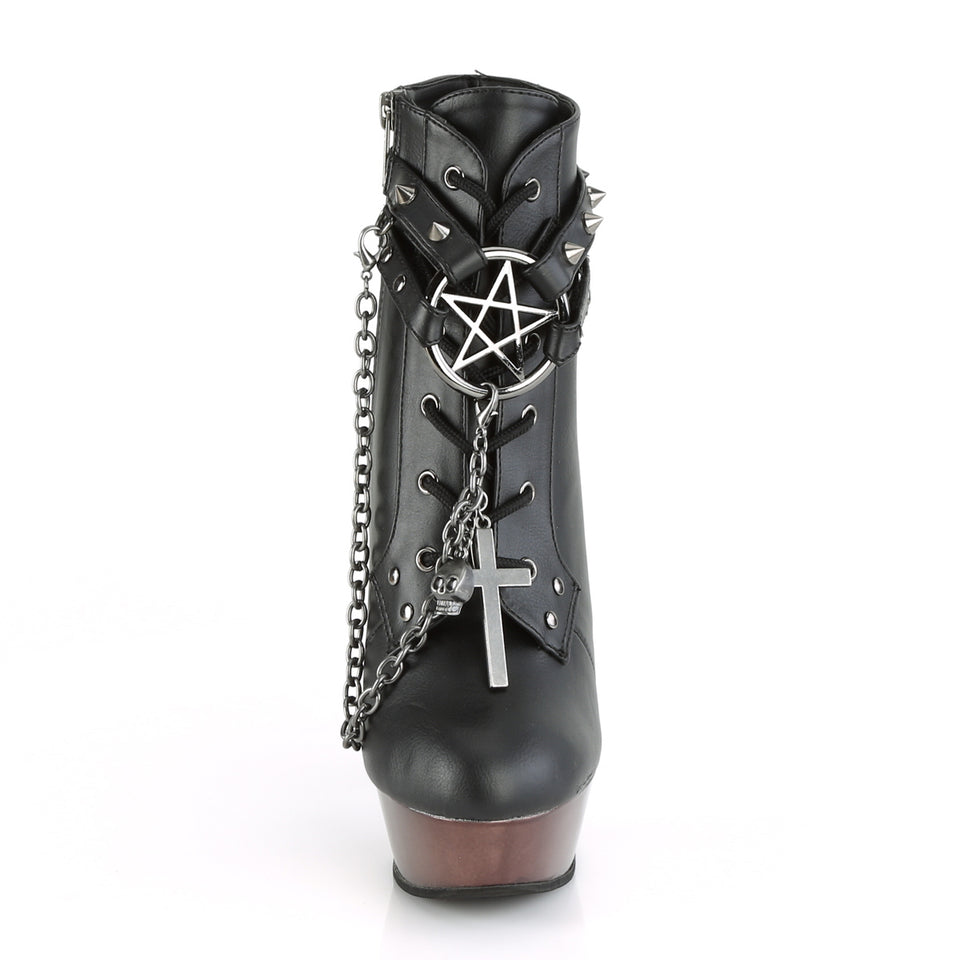 Demonia La Muerta Spiked Boots Bone High Heel offers Skull Buckle Lace Up Knee High 7