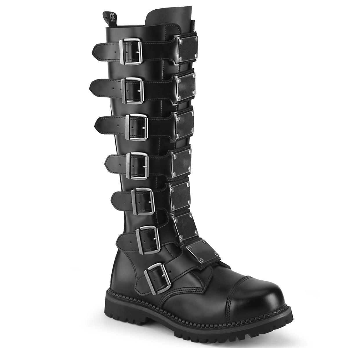 Demonia RIOT-20 Men's Black Faux Leather Steel Toe Combat Boots – Lace-Up Biker Knee Highs With Buckle – Round Toe, Size 4-14