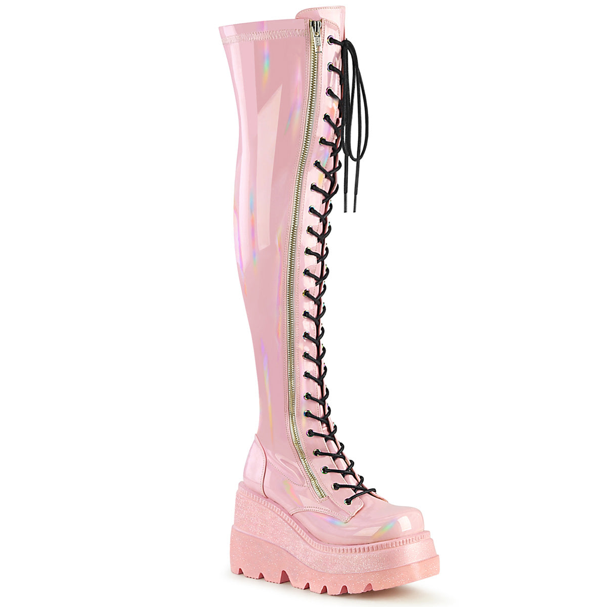 DEMONIA Shaker-374 Over-the-knee Boots - Baby Pink Hologram Stretch  Patent – Demonia Cult