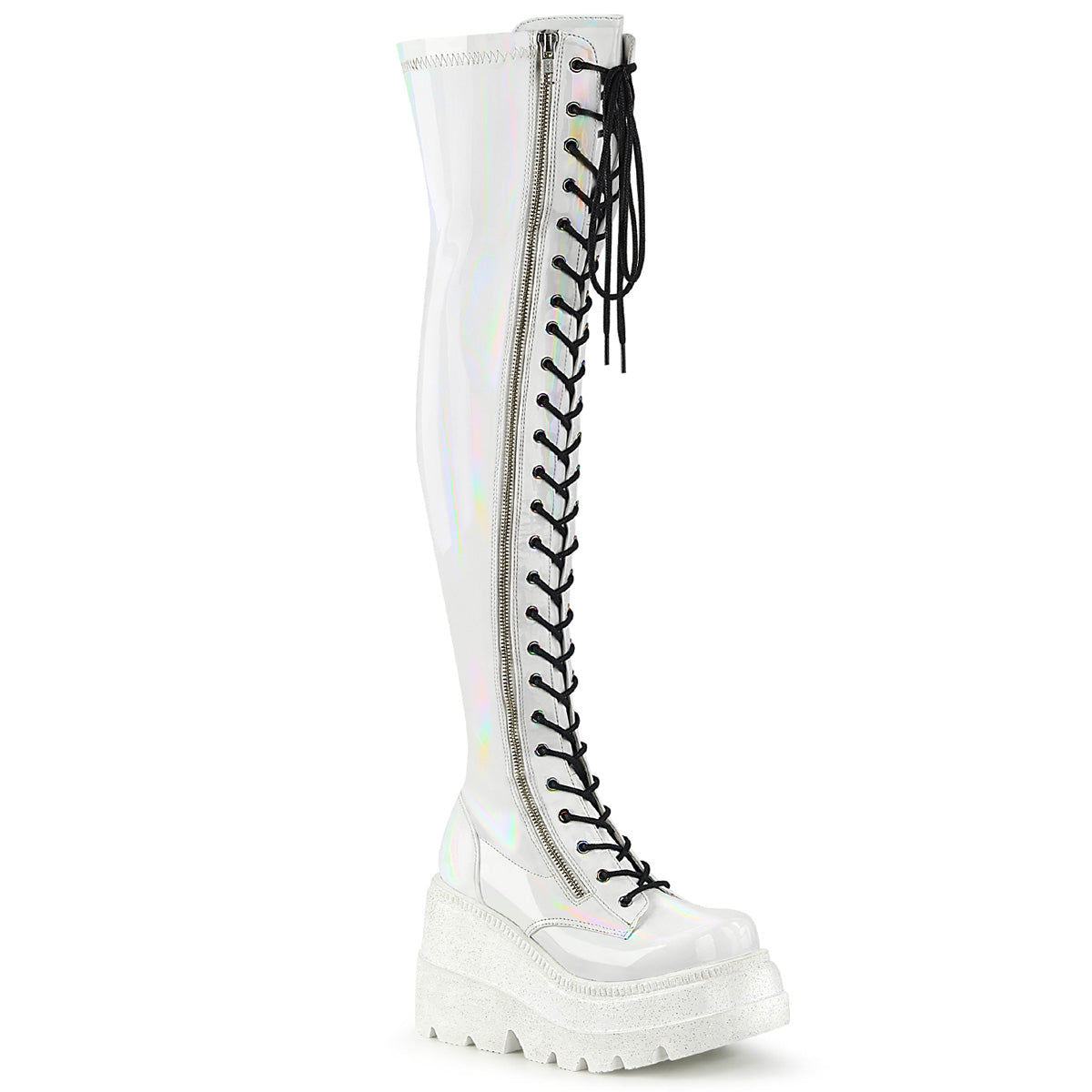 DEMONIA Shaker-374 Over-the-knee Boots - White Hologram Stretch Patent –  Demonia Cult