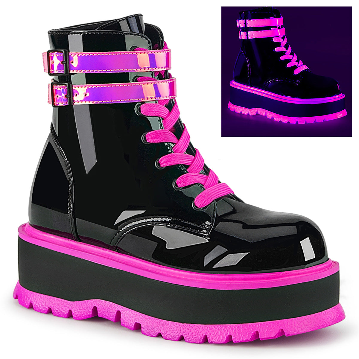 DEMONIA Slacker-52 Ankle Boots - Black UV Iridescent Pink