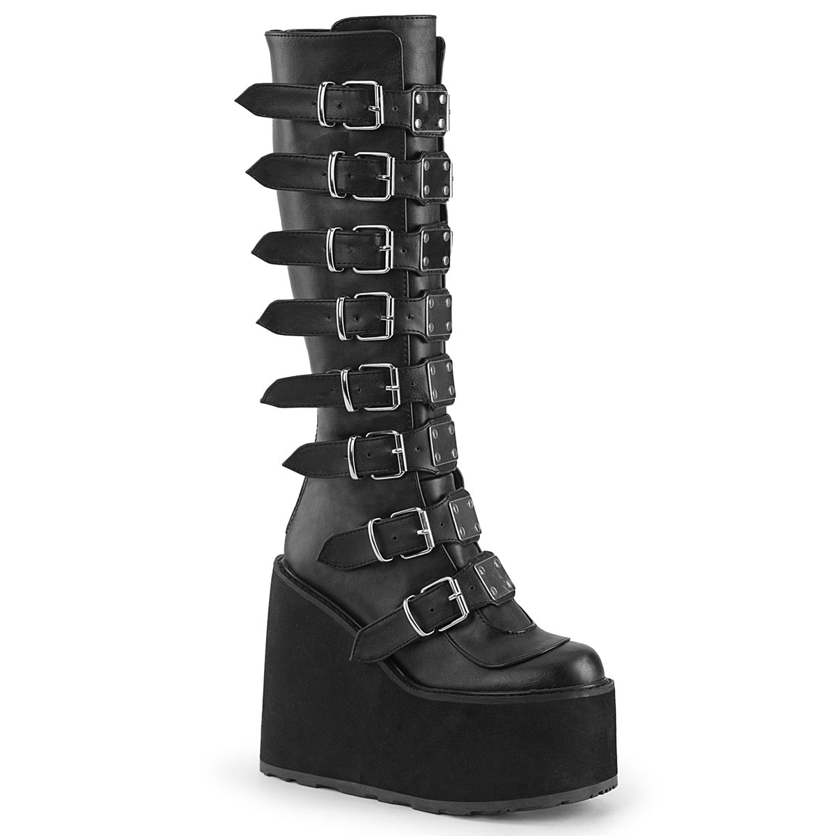 DEMONIA "Swing-815" Knee-high Boots - Black Vegan Leather Cult